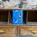 Notebook. Fabric. Bird print blue background.